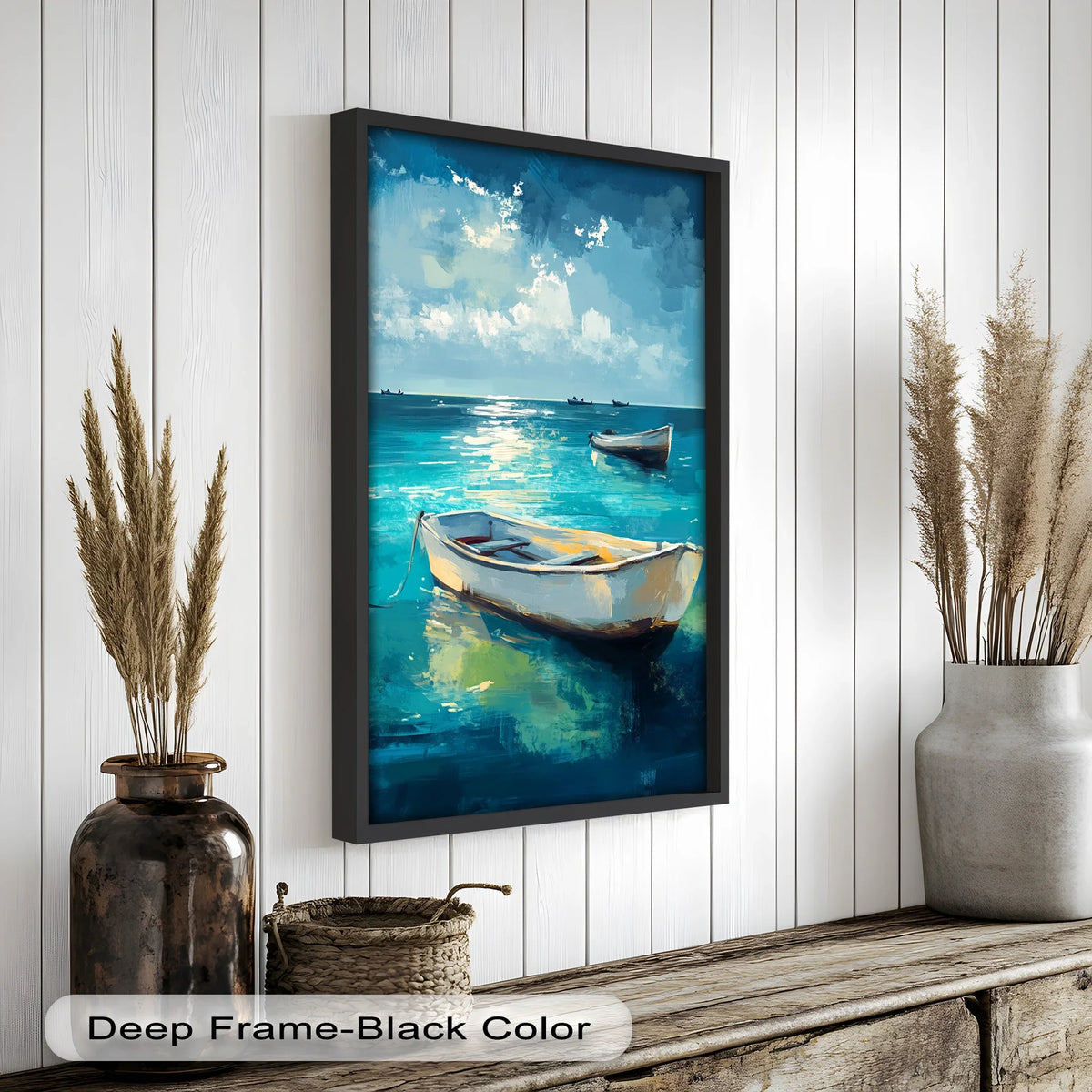 Subtle shifts between deep turquoise and shimmering white define the tranquil scene within this boat oil painting decoration, capturing the serene stillness of still waters at sea.