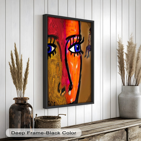 Expertly crafted oil painting decoration is apparent in this vivid gaze abstract expressionist portrait showcasing intense colors and intricate detail.