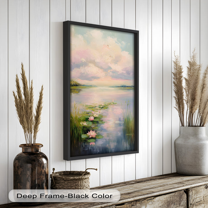 Lotus Tranquility – Seerosen auf pastellfarbenem Seeblumen-Ölgemälde