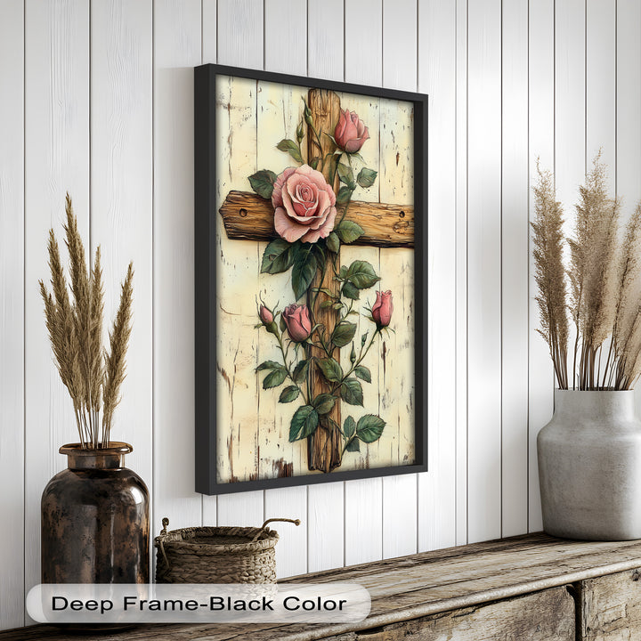 Rosen der Gnade – Religiöses Ölgemälde mit Kreuz und Blume