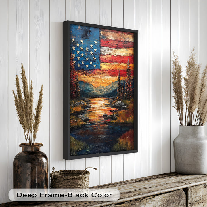 Amerikanische Flagge Sonnenuntergang Landschaft - Patriotisches Ölgemälde