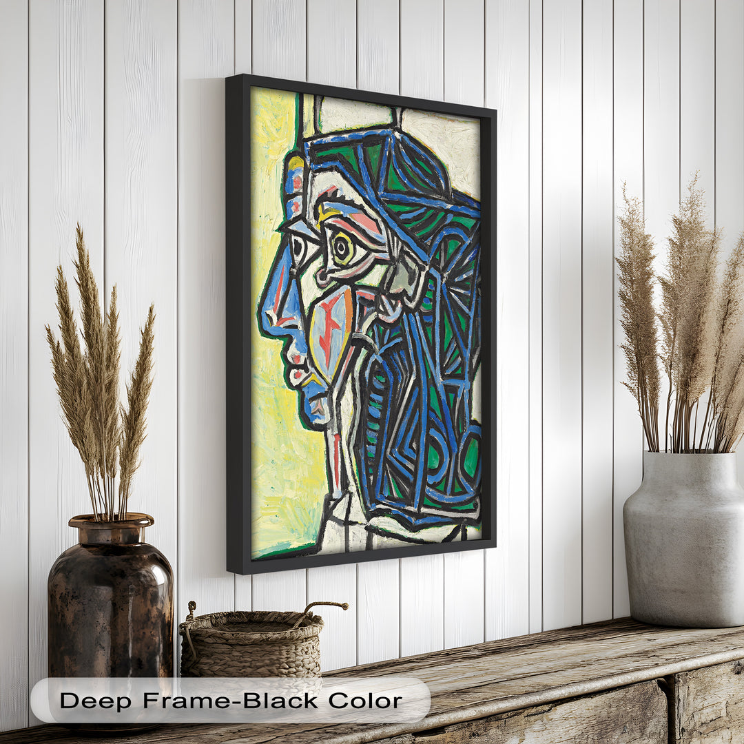 Angular Gaze – Geometric Portrait with Blue and Green Lines Picasso Oil Painting
