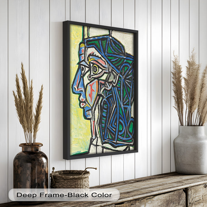 Angular Gaze – Geometric Portrait with Blue and Green Lines Picasso Oil Painting