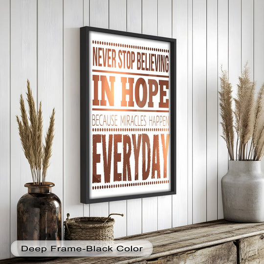Aged wooden shelf displays a woven basket and a vintage vase filled with pampas grass, accenting a motivational oil painting artwork that reads 'Never Stop Believing In Hope.'