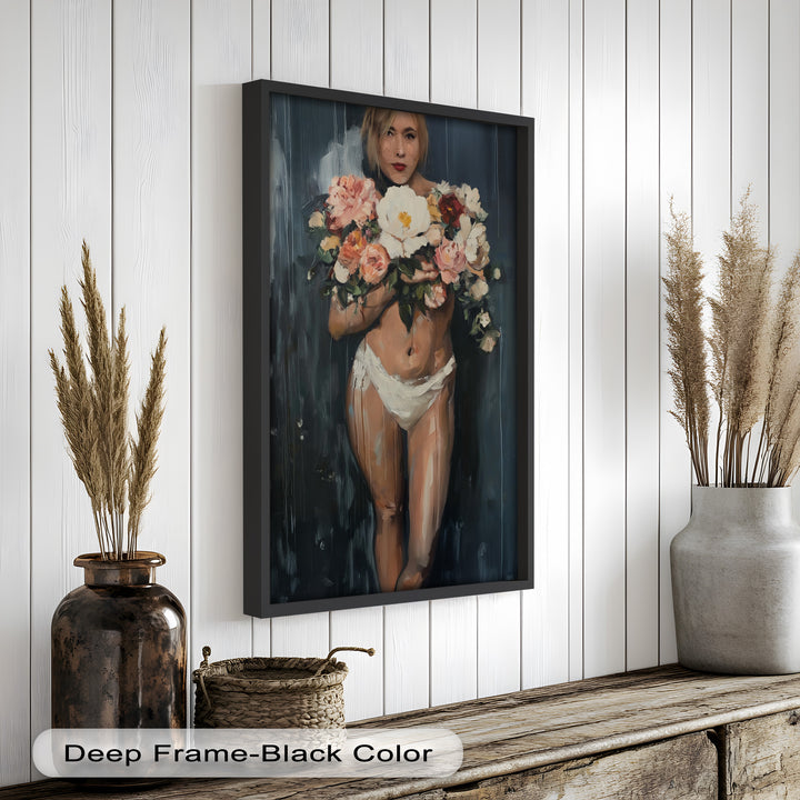 Floral Embrace – Abstract Nude with Blooming Bouquet Oil Painting