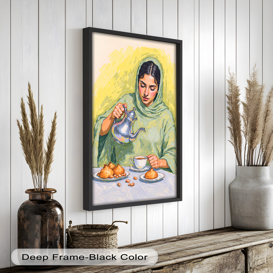 Woman Pouring Tea with Traditional Sweets - Food Painting