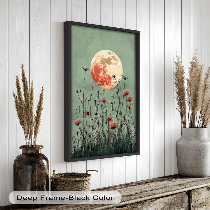 Celestial Wildflowers – Full Moon Over Red Meadow Blooms Oil Painting