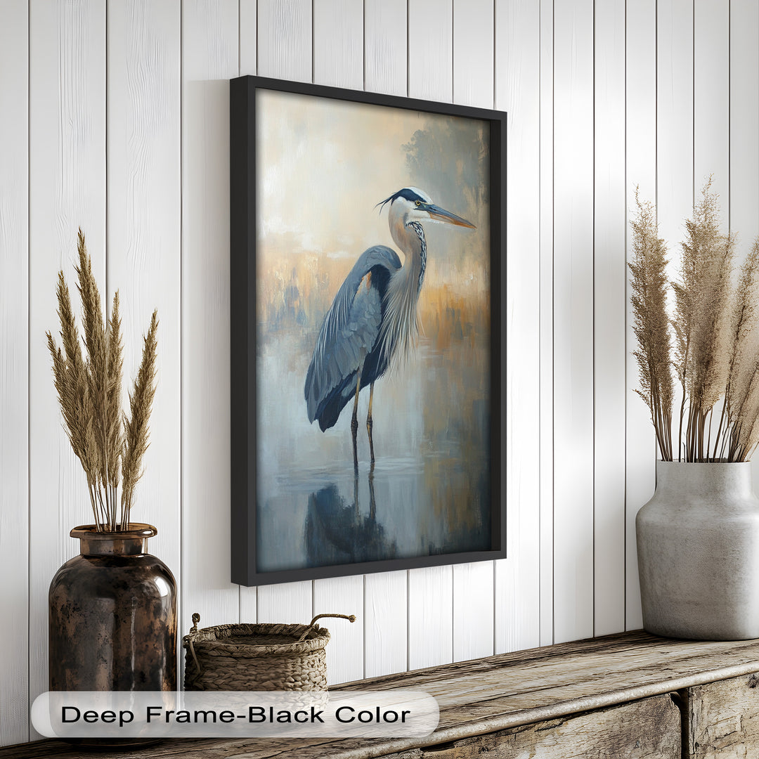 Heron in Misty Marshland - Framed Oil Painting