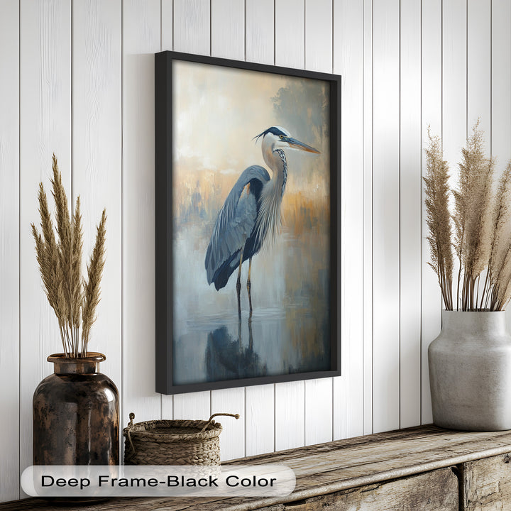 Heron in Misty Marshland - Framed Oil Painting