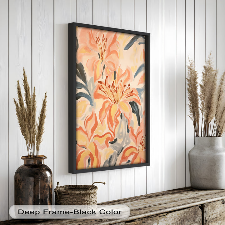 Sunlit Lilies – Abstract Coral Flower Oil Painting