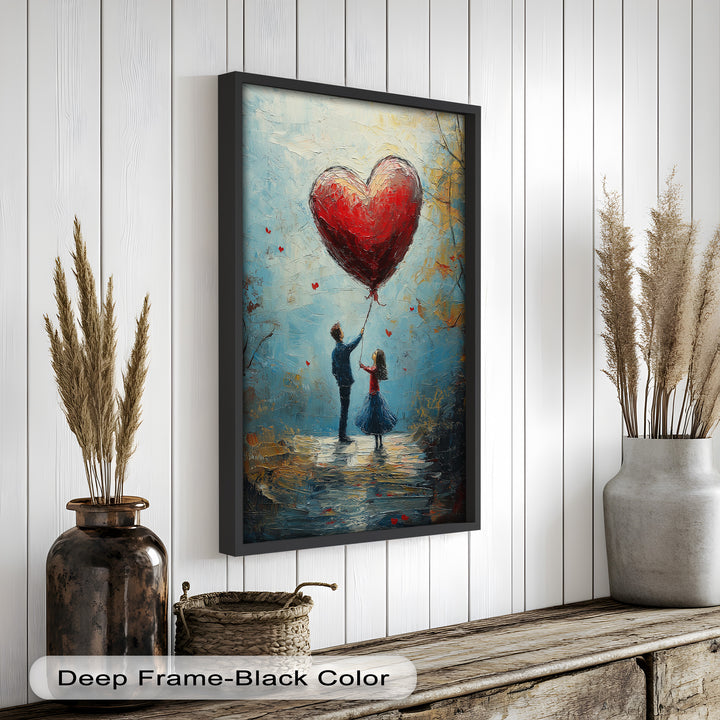 Romantic Red Heart Balloon Scene - Love Oil Painting