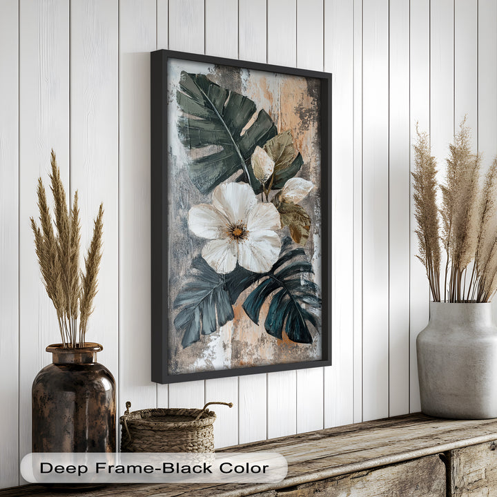 White Bloom and Tropical Leaves - Flower Oil Painting