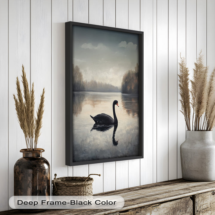 Black Swan at Dusk – Lake Scene Oil Painting