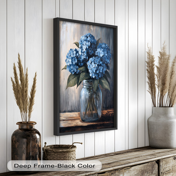 Blaue Gelassenheit – Hortensienblüten im Einmachglas, Blumenölgemälde