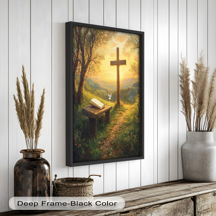 Pfad des Glaubens – Christliches Kreuz und Bibel-Ölgemälde