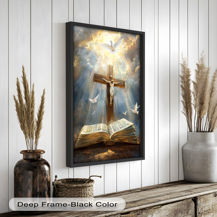Jesus on the Cross with Open Bible and Doves - Oil Painting