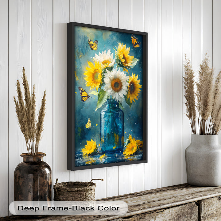 Sun-Kissed Radiance – Sunflowers in Blue Jar Flower Oil Painting