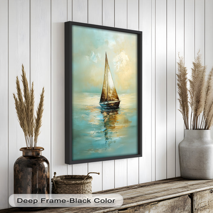 Golden Drift – Ruhiges Segelboot bei Sonnenaufgang, Boot-Ölgemälde
