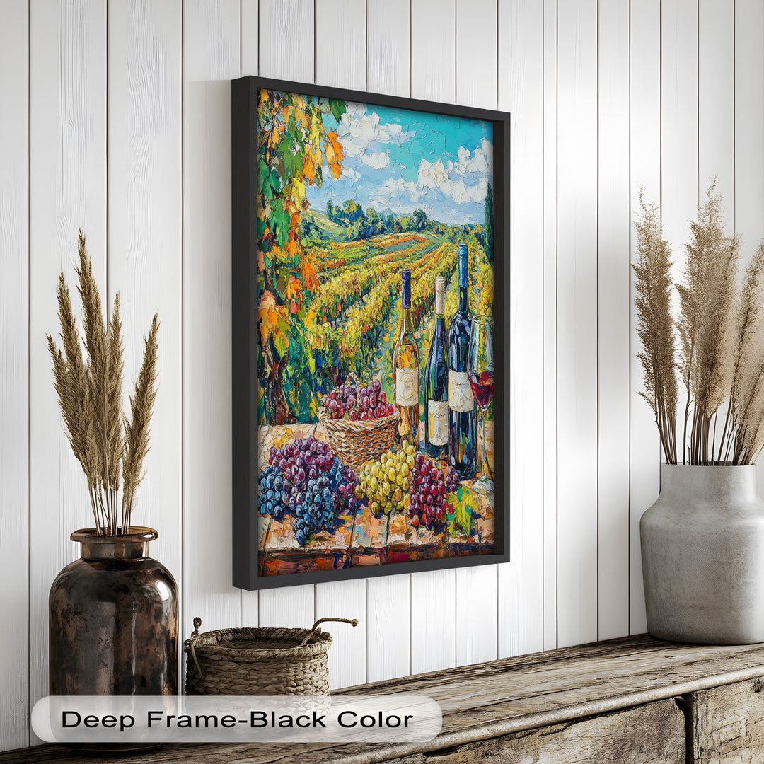Wine Bottles and Grapes in Sunlit Fields - Still Life Oil Painting