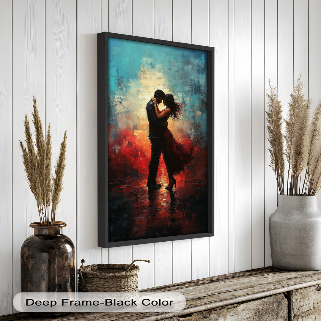 Romantic Couple in Fiery Twilight - Modern Oil Painting