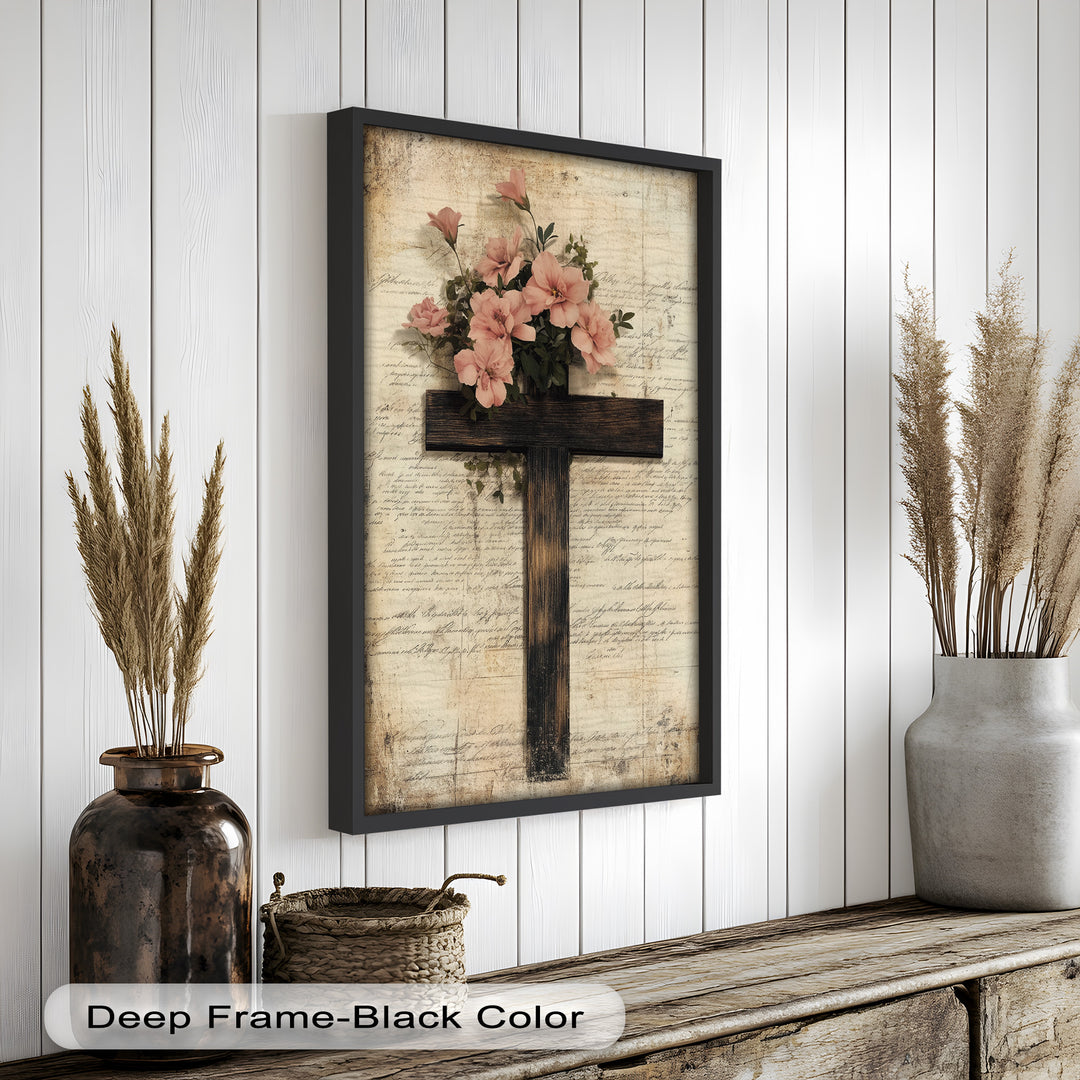 Holzkreuz mit rosa Blüten - Christliches Ölgemälde