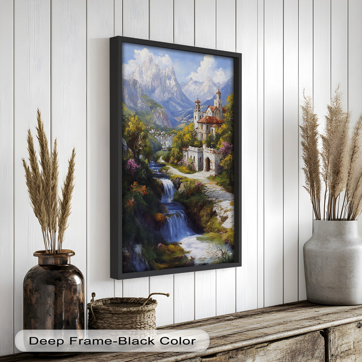 Mountain Abbey by the Falls – Serene Renaissance Oil Painting