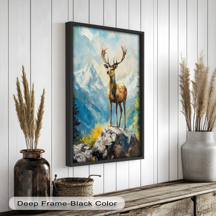 Stag in Mountain Landscape - Animal Oil Painting