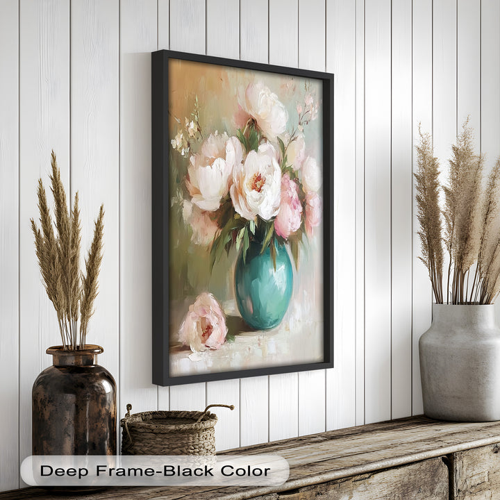 Blushing Peonies in Jade Vase – Romantic Flower Oil Painting