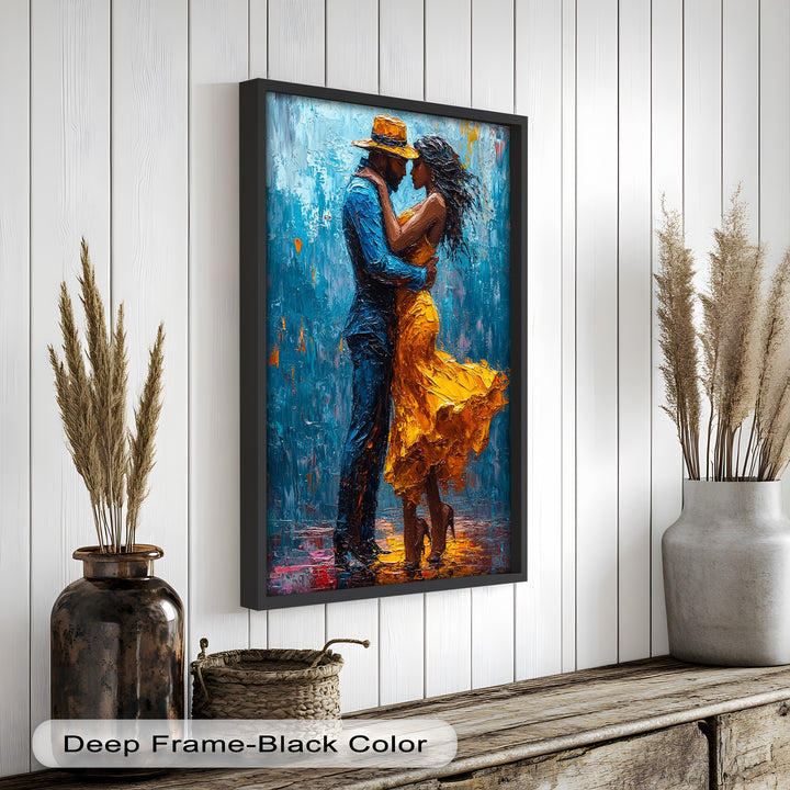 Midnight Embrace – Vibrant Couple in Yellow Dress Oil Painting