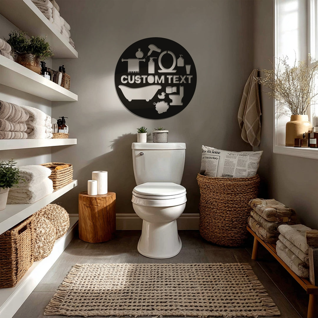 Personalized Bathroom Round Metal Wall Art – Custom Text Sign