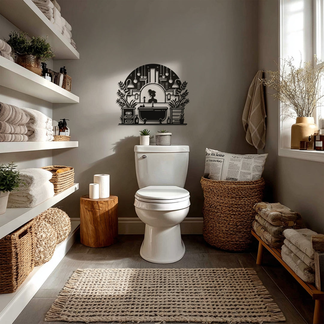 Modern Vanity Scene – Elegant Bathroom Metal Wall Art