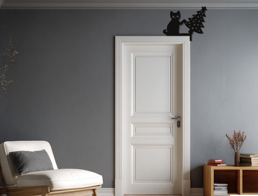 شوارب احتفالية – قطة وشجرة عيد الميلاد فن جداري معدني