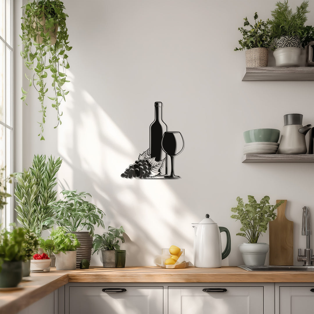 Wine Bottle & Glass Metal Wall Art – Modern Kitchen & Bar Decor