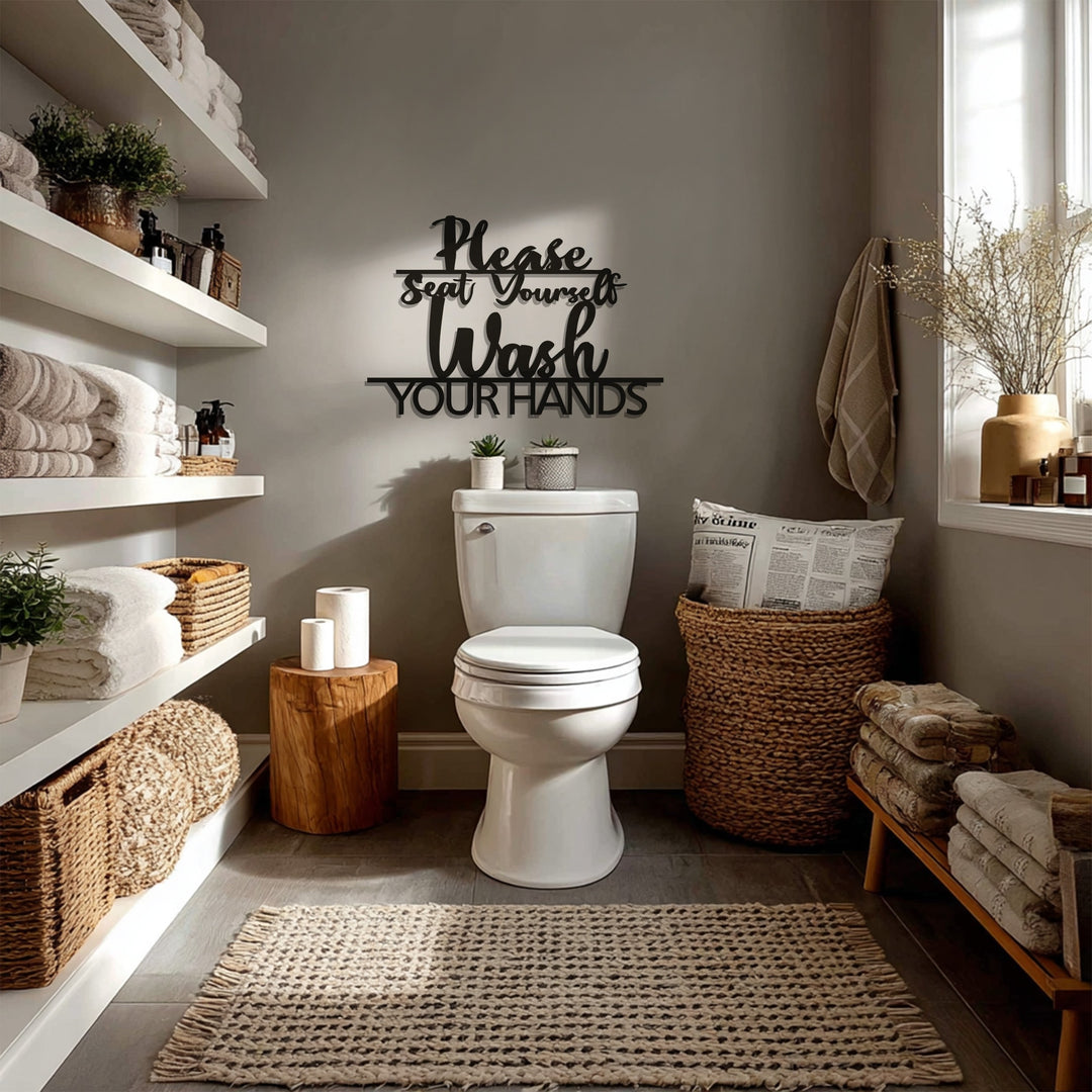 Please Seat Yourself & Wash Your Hands – Modern Bathroom Metal Wall Art