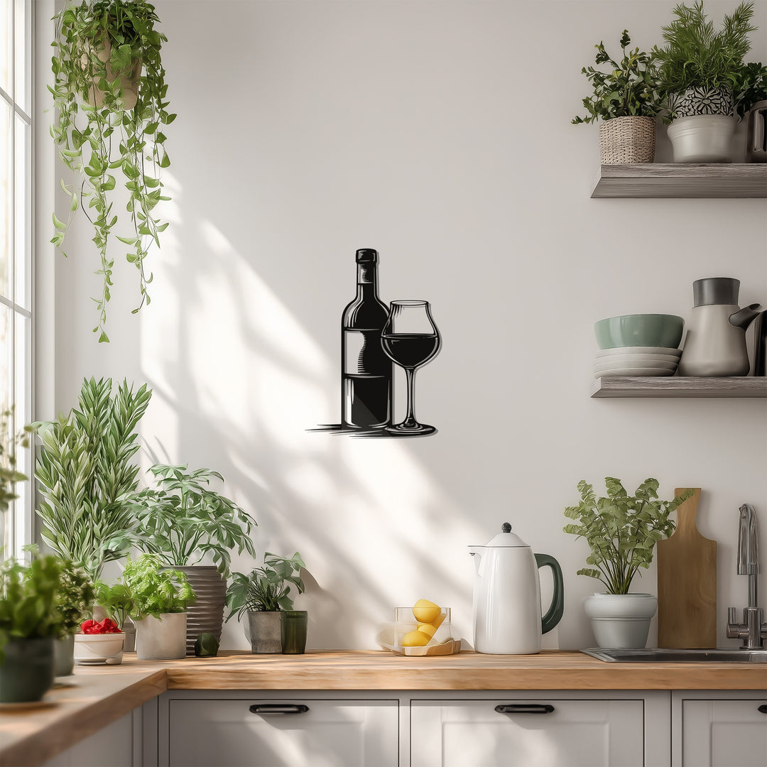 Wine Bottle & Glass Silhouette Metal Wall Art – Modern Bar & Kitchen Decor