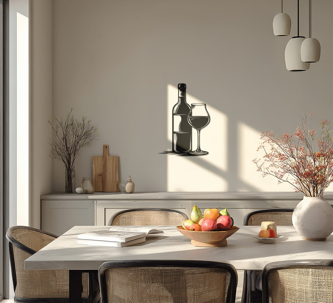 Wine Bottle & Glass Silhouette Metal Wall Art – Modern Bar & Kitchen Decor