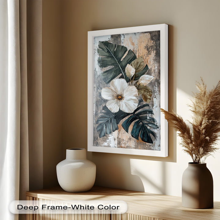 White Bloom and Tropical Leaves - Flower Oil Painting
