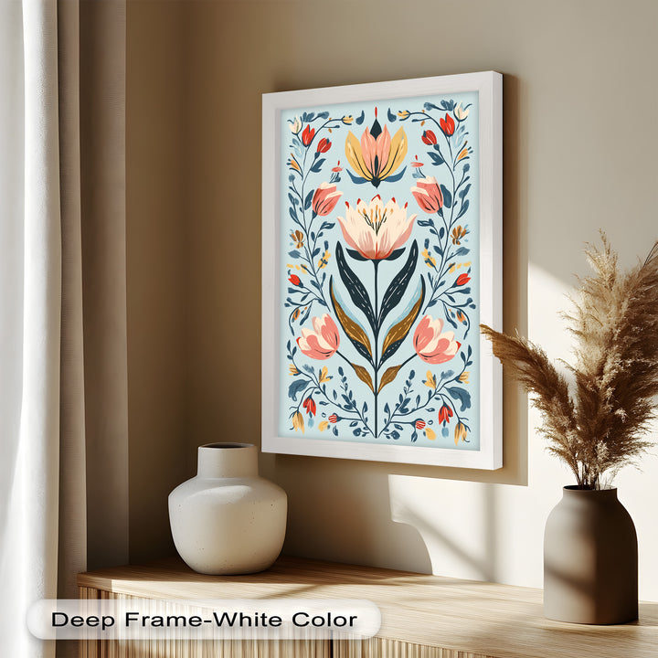 Folk-inspirierte Tulpenharmonie – Boho-Blumenölgemälde