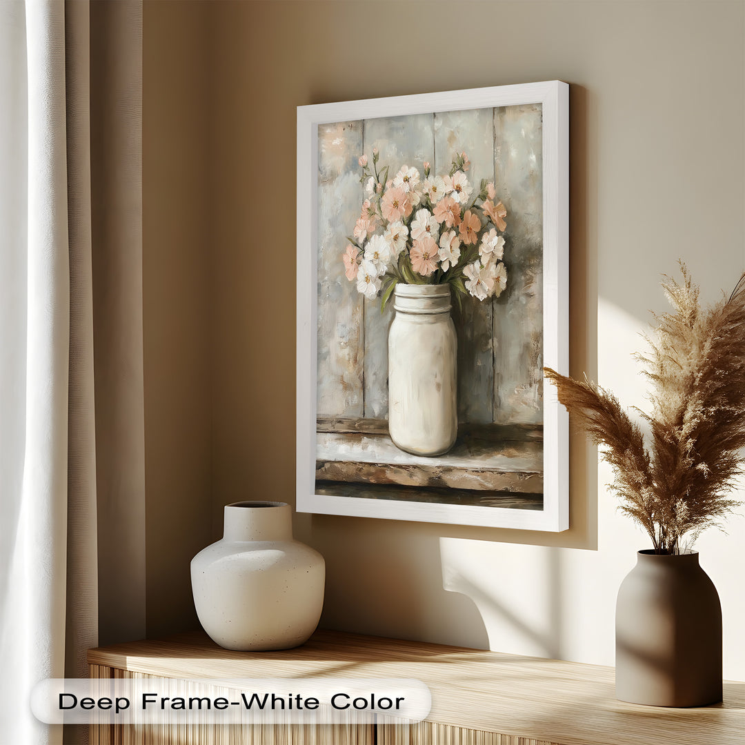 Blush & Cream Blooms – Rustic Mason Jar Flower Oil Painting