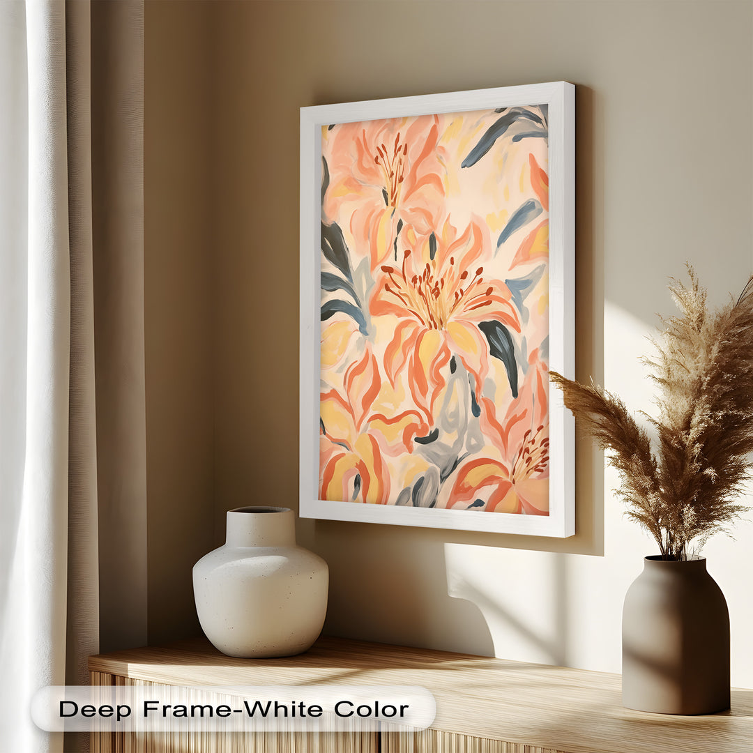 Sunlit Lilies – Abstract Coral Flower Oil Painting