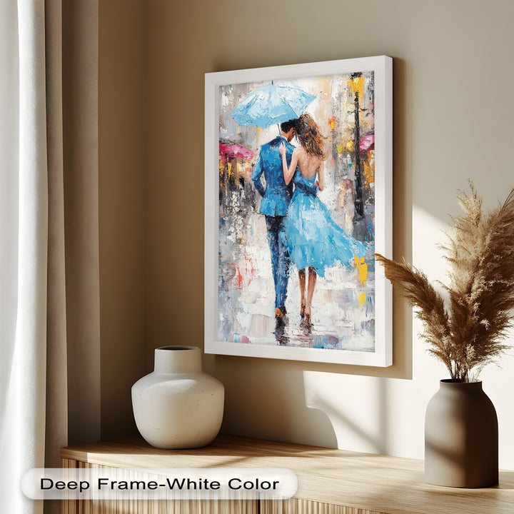 Romantic Couple Strolling in Rain - Love Oil Painting