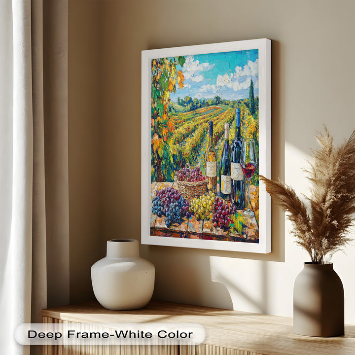 Wine Bottles and Grapes in Sunlit Fields - Still Life Oil Painting