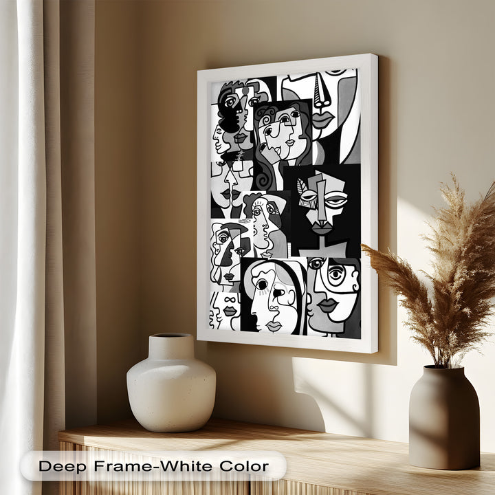 Monochrome Muse – Picasso-inspiriertes Ölgemälde mit kubistischen Gesichtern