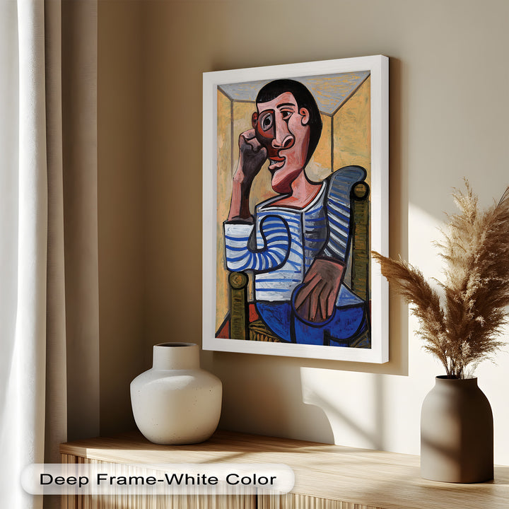Melancholy in Stripes – Seated Man with Blue Shirt Picasso Oil Painting