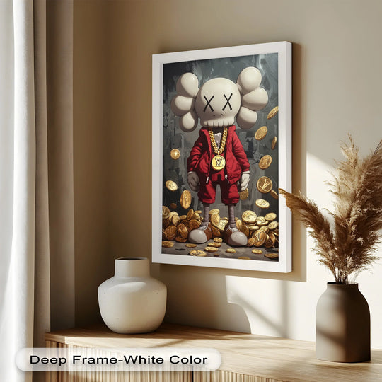Subtle lighting accentuates the softest element, casting gentle shadows on this 'Luxury Drop – KAWS Companion' oil painting artwork featuring the iconic figure amidst Louis Vuitton gold coins.