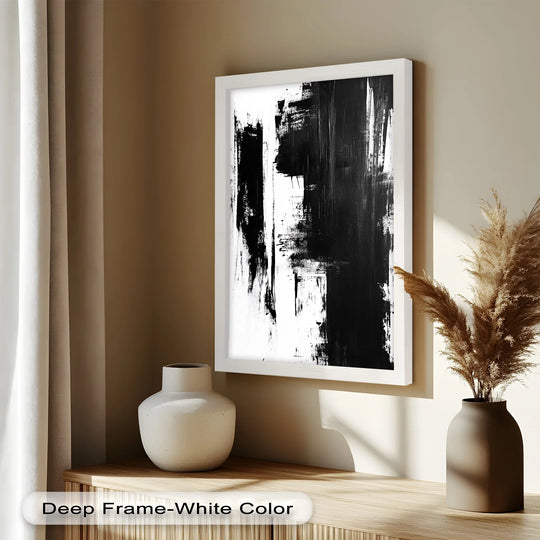 The black and white abstract oil painting stands out as the central subject, creating a striking piece of oil painting home decor for a modern space.