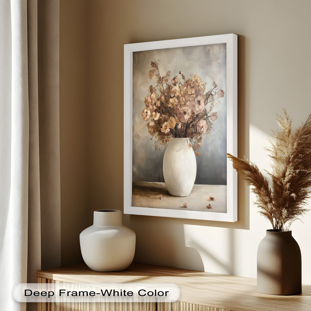Brown Bouquet in White Vase - Flower Oil Painting