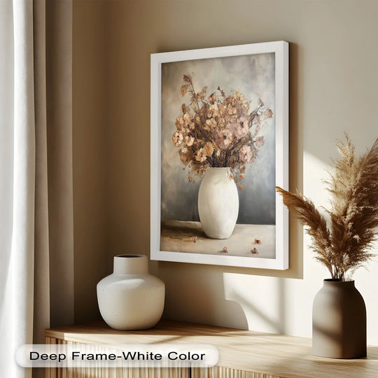 The realistic detail of this floral still life showcases a brown bouquet in a white vase, an oil painting reproduction print with textured brushstrokes and soft, muted colors.