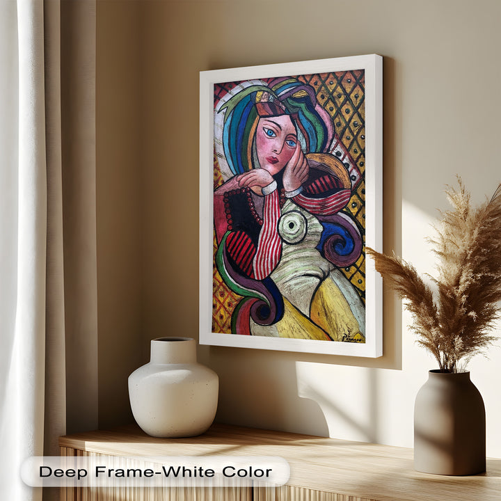 Melancholy in Stripes – Colorful Cubist Woman Portrait Picasso Oil Painting