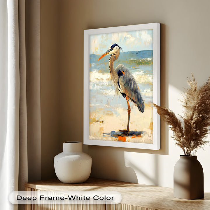 Elegant Heron Standing on Shoreline – Framed Oil Painting